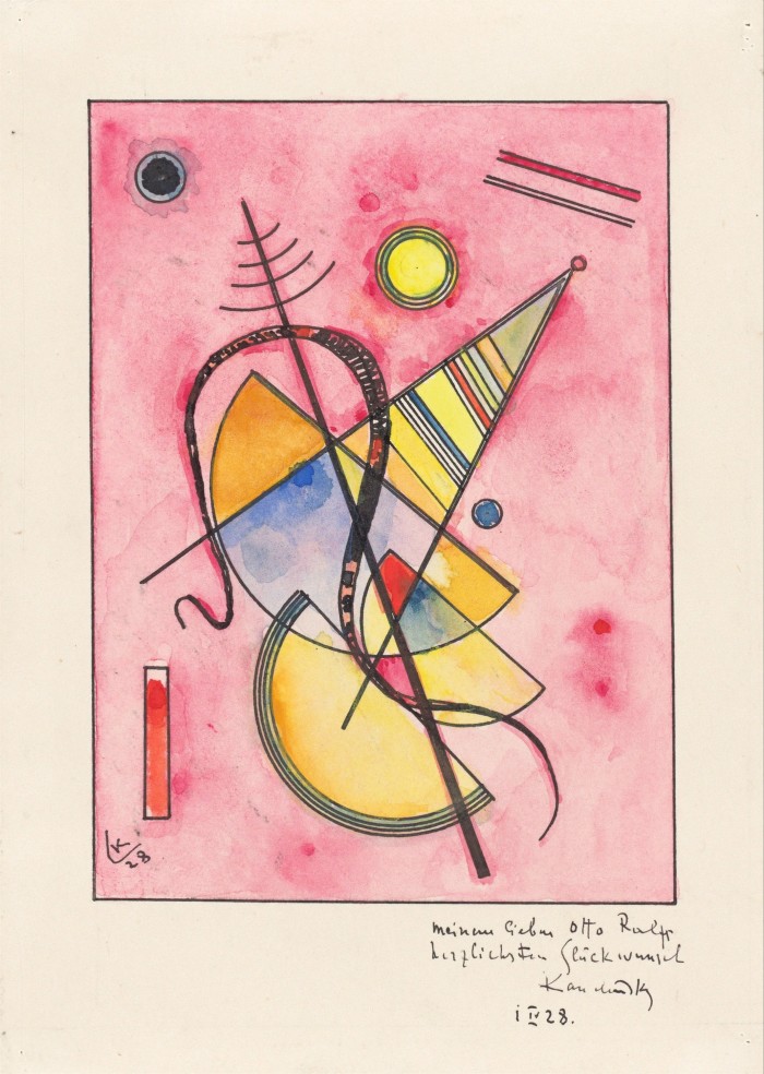 ‘Untitled’, 1928, by Wassily Kandinsky: a Constructivist watercolour composed of orange, blue and yellow triangles, semi-circles and small circles on a pink background