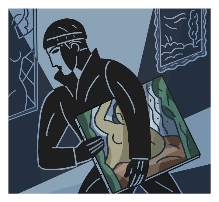 A cartoon of a thief stealing a painting