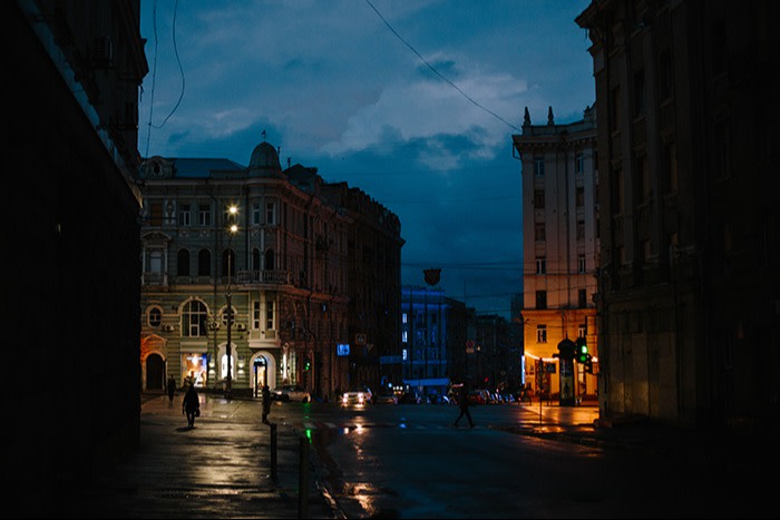 One of the central intersections of the city in the evening