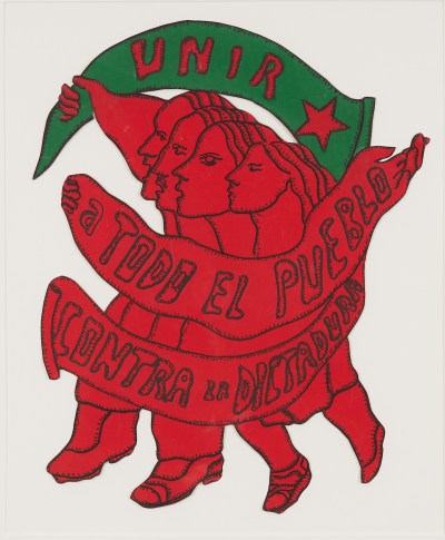 A group of red people waving a green banner that reads 'UNIR' with a star. They are wrapped in a red banner that reads 'a TODO EL PUEBLO CONTRA EN DICTADURA'.