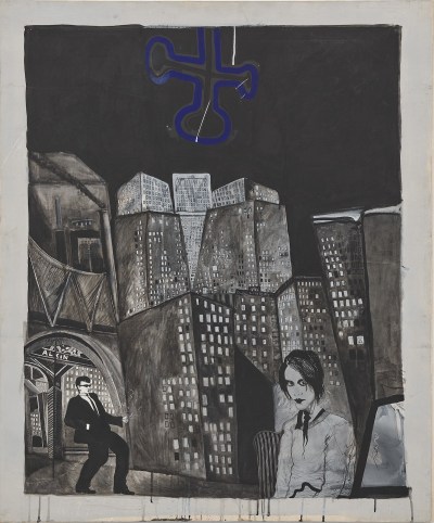 A painting of two figures amid towering skyscrapers with a blue cross-like element in the sky. The painting drips down onto a white border.