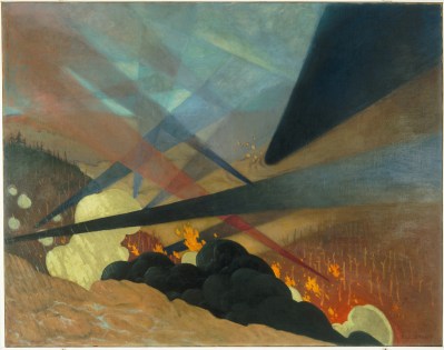 A painting of a battlefield crossed by long slants of light and blazing fires.