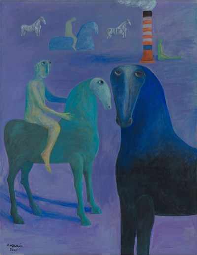 A big-eyed figure seated on a green horse beside a blue horse positioned closer to the viewer. Other horses appear in the distance beside a smoking construction element.