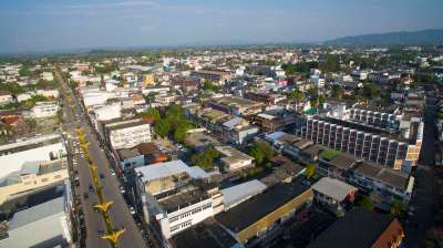 An overhead shot of a city.