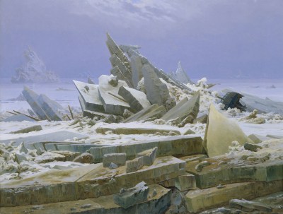 A painting of a broken-up glacier.
