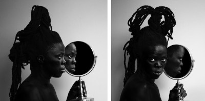 Two images of a Black person holding a mirror beside their face.