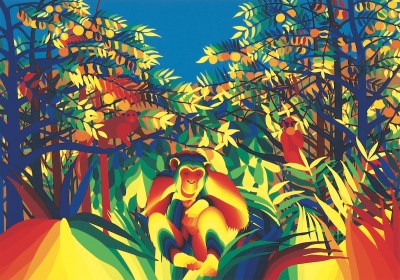 A rainbow-colored image of a monkey in between two trees.