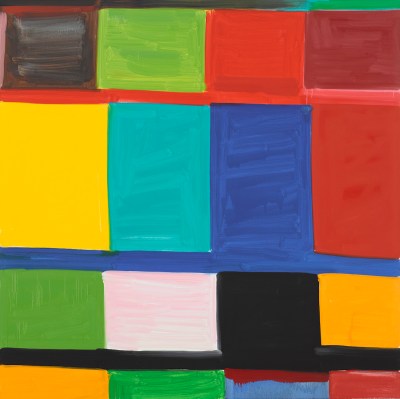 A grid-like arrangement of squares of color, the rows separated by thinly painted lines.