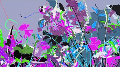 An abstracted image of a flower bed in shades of hot purple and green. The flowers are pixelated and computer-generated.