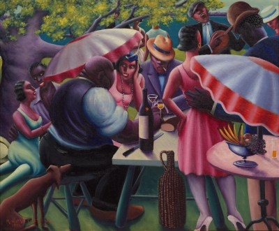A group of Black men and women, some holding umbrellas, sit at a table in a park. A bottle of wine and some glasses can be seen, and a Black man sings and plays guitar in the background.