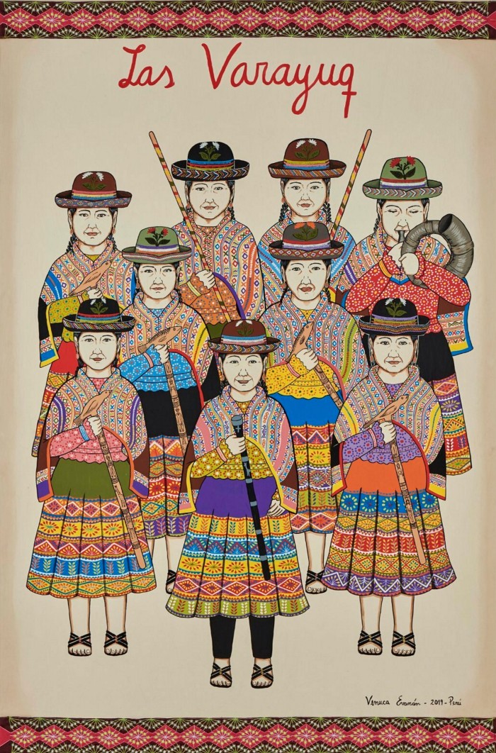 Drawing of women dressed in traditional costumes with bright patterned skirts and bowler-like hats