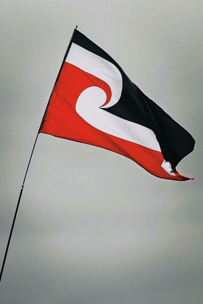 A flag waving in the wind. It looks like a white wave is curling over a red sea under a blue sky