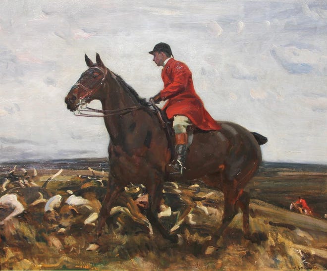 "Hounds and Hunstman, North Cornish Hunt" (1914), by Sir Alfred Munnings. The painter's favorite subject was horses, and he is considered one of the finest British impressionists of the 20th century.