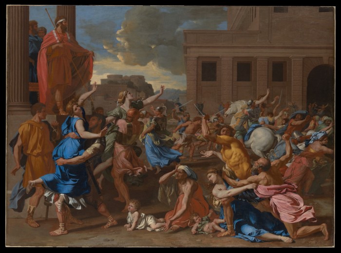 Painting of masses of men and women fighting in Classical costume