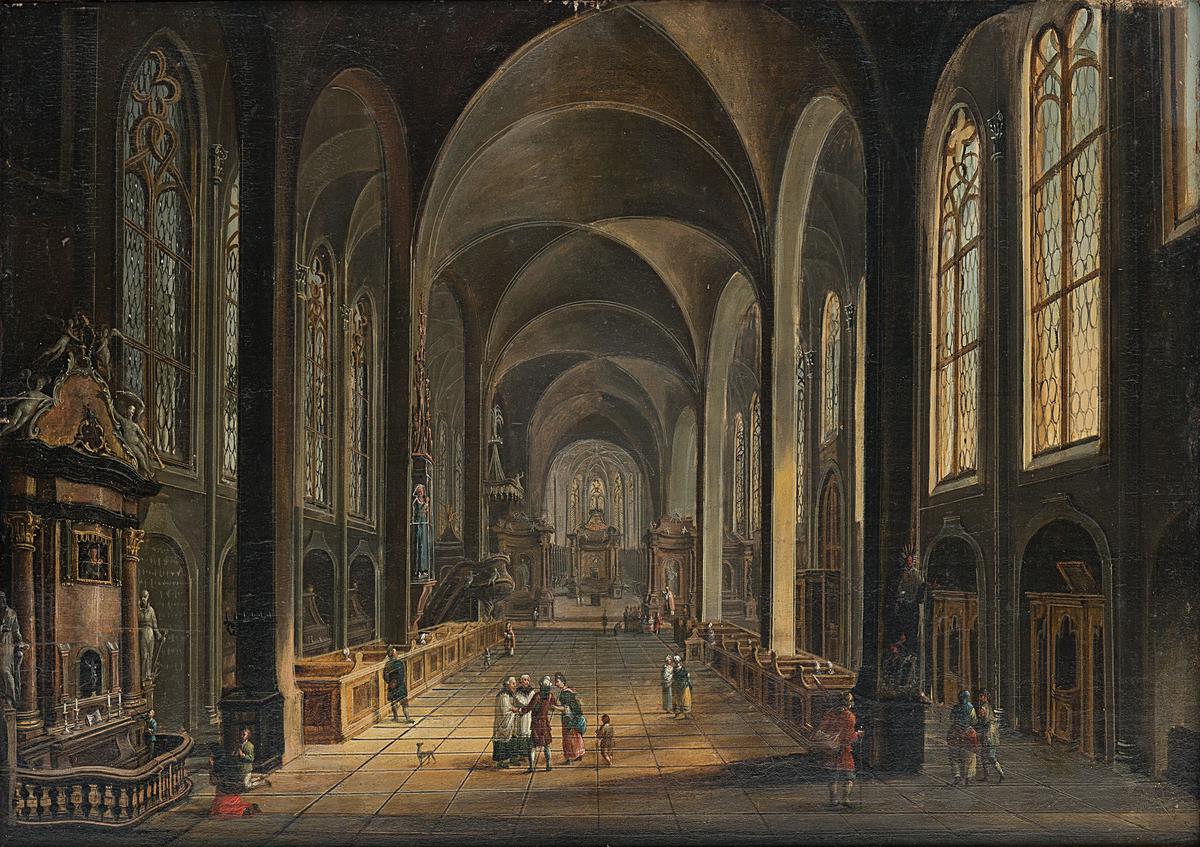 16th century painting titled ‘Interior of a Cathedral’ by Hendrik Van Steenwijck II who was a Flemish Baroque painter of mostly architectural scenes and interiors.