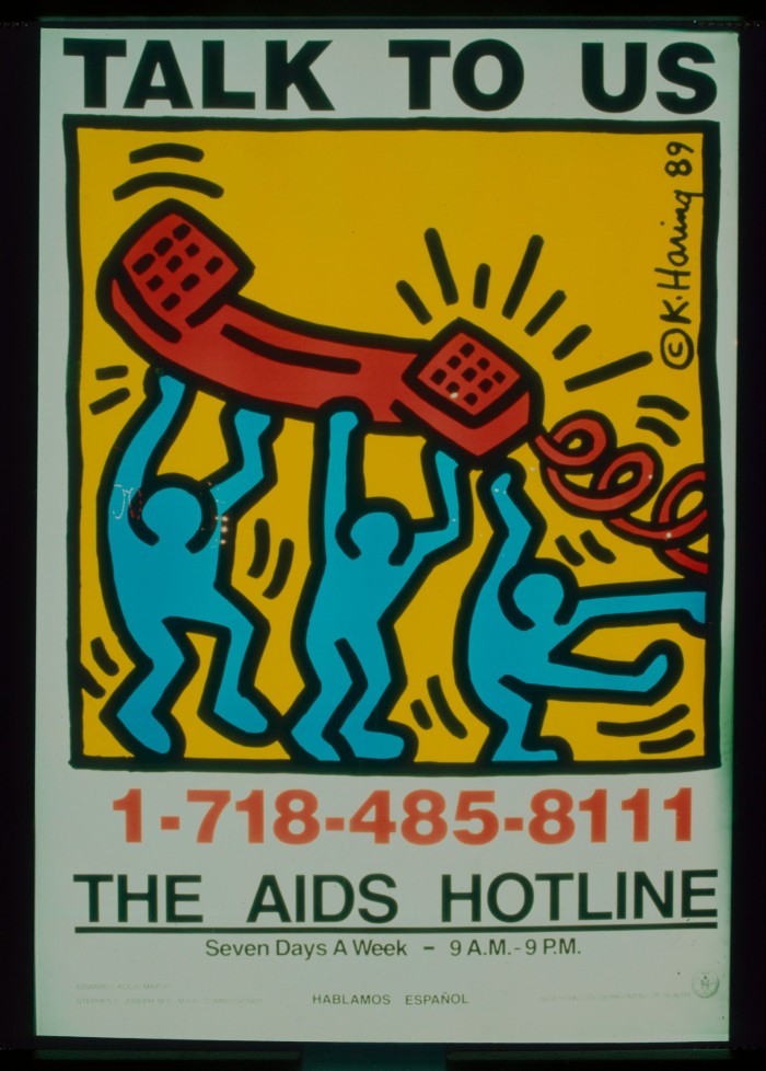 A poster of cartoonish blue figures carrying a phone handset and advertising an Aids hotline