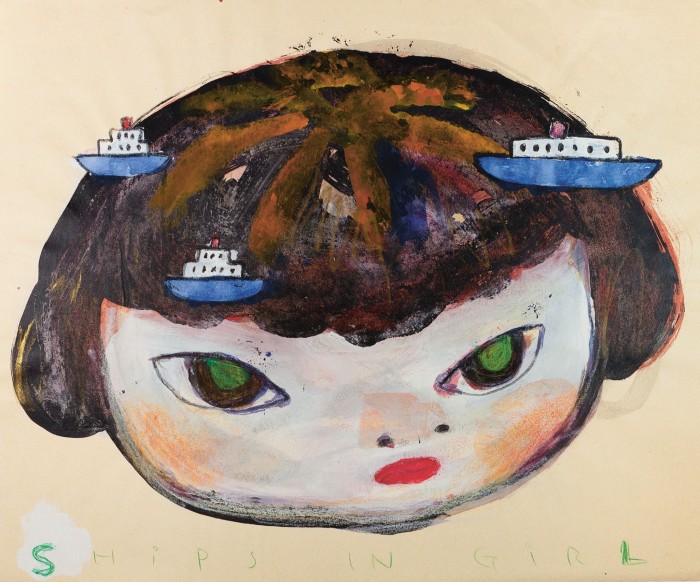 A drawing of the face of a scowling girl, decorated with small ships