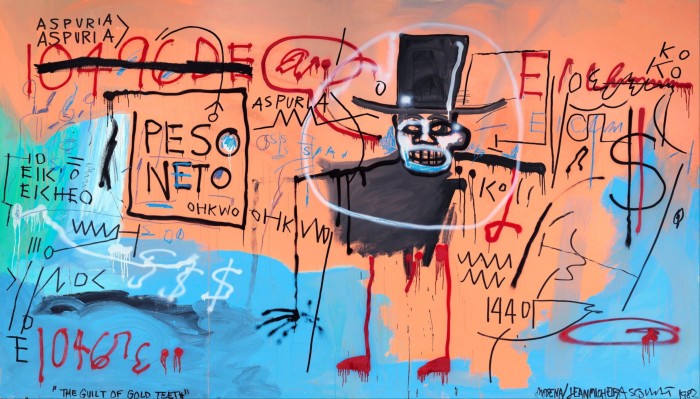 An orange and blue graffiti-style painting of a figure in black hat