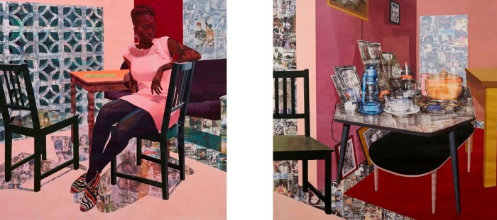 Two paintings, one showing a woman wearing a pink dress and sitting at a table; the other of a dining room kitchen table