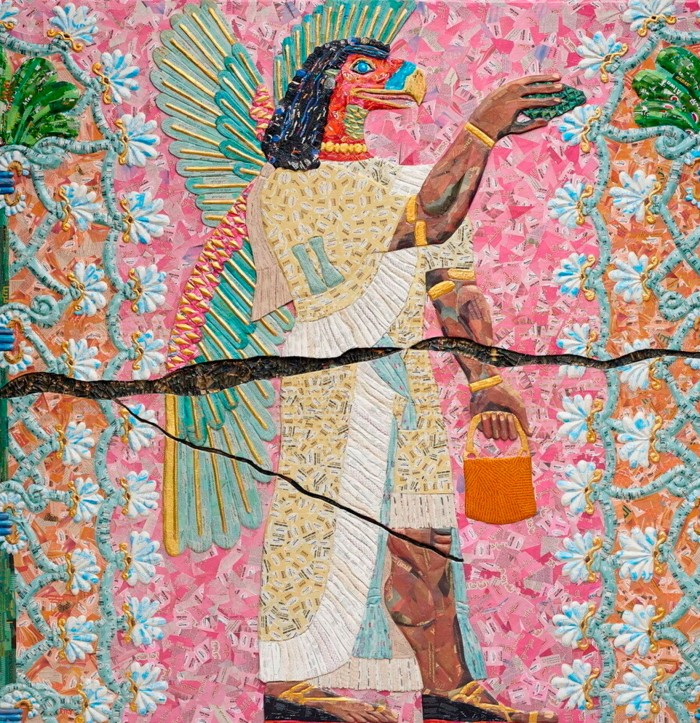 A panel in bright colours of a hawk-headed person, made to mimic ancient Egyptian art