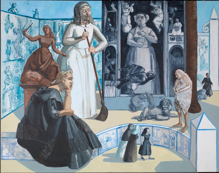 A painting of various women figures in a blue, white and yellow scene 