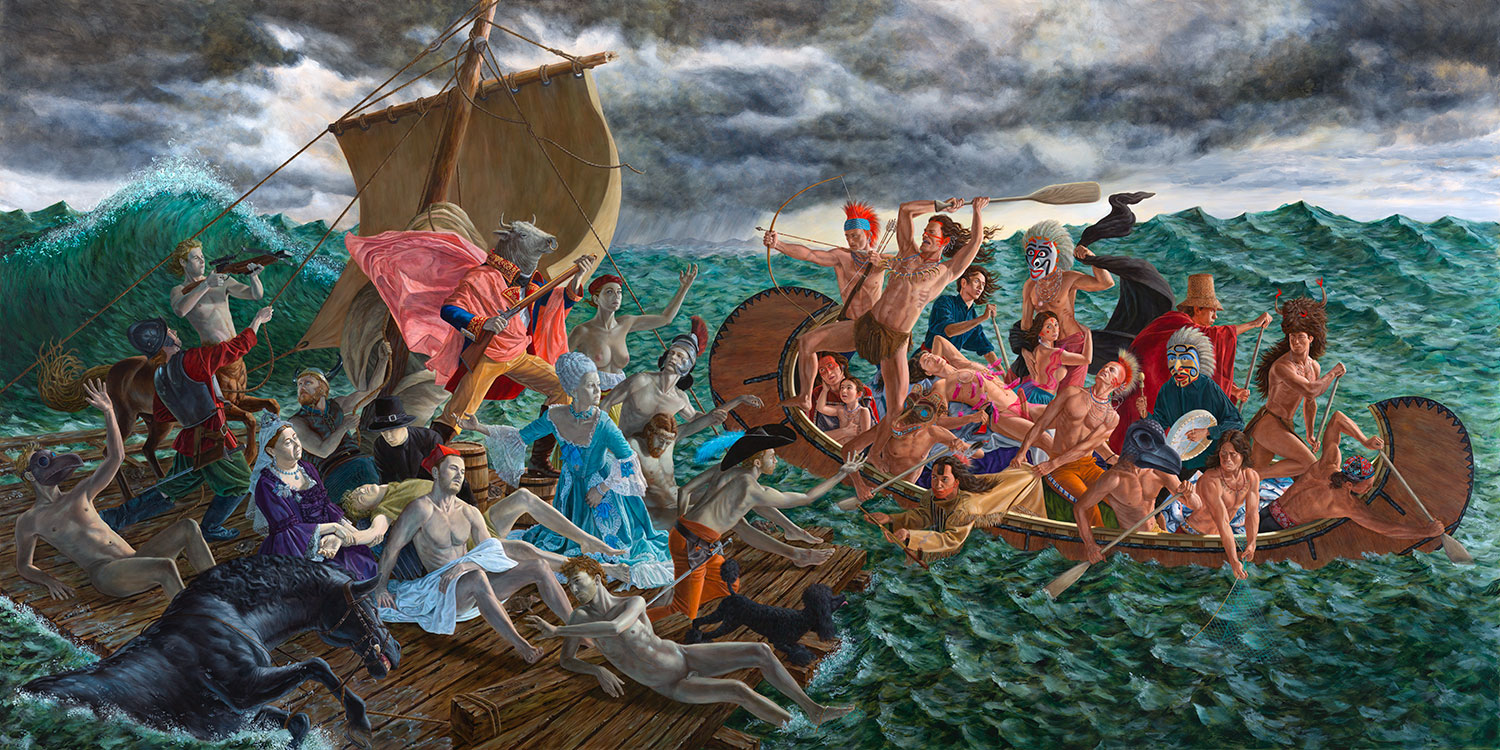 Kent Monkman’s painting Miss Chief’s Wet Dream (2018) depicts the Guswenta or Two Row Wampum Treaty, a Haudenosaunee-Dutch alliance formed in 1613