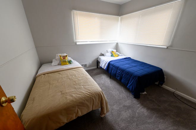 One of the three bedrooms inside the Tommy Garrett House. The split-level ranch home will house up to six artists at a time.