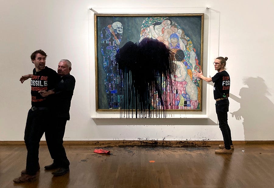 Members of Letzte Generation Austria splashed u0022Death and Life,u0022 a Gustav Klimt painting, with oil in the Leopold museum in Vienna on Nov. 15. The painting, behind a glass cover, was unharmed.