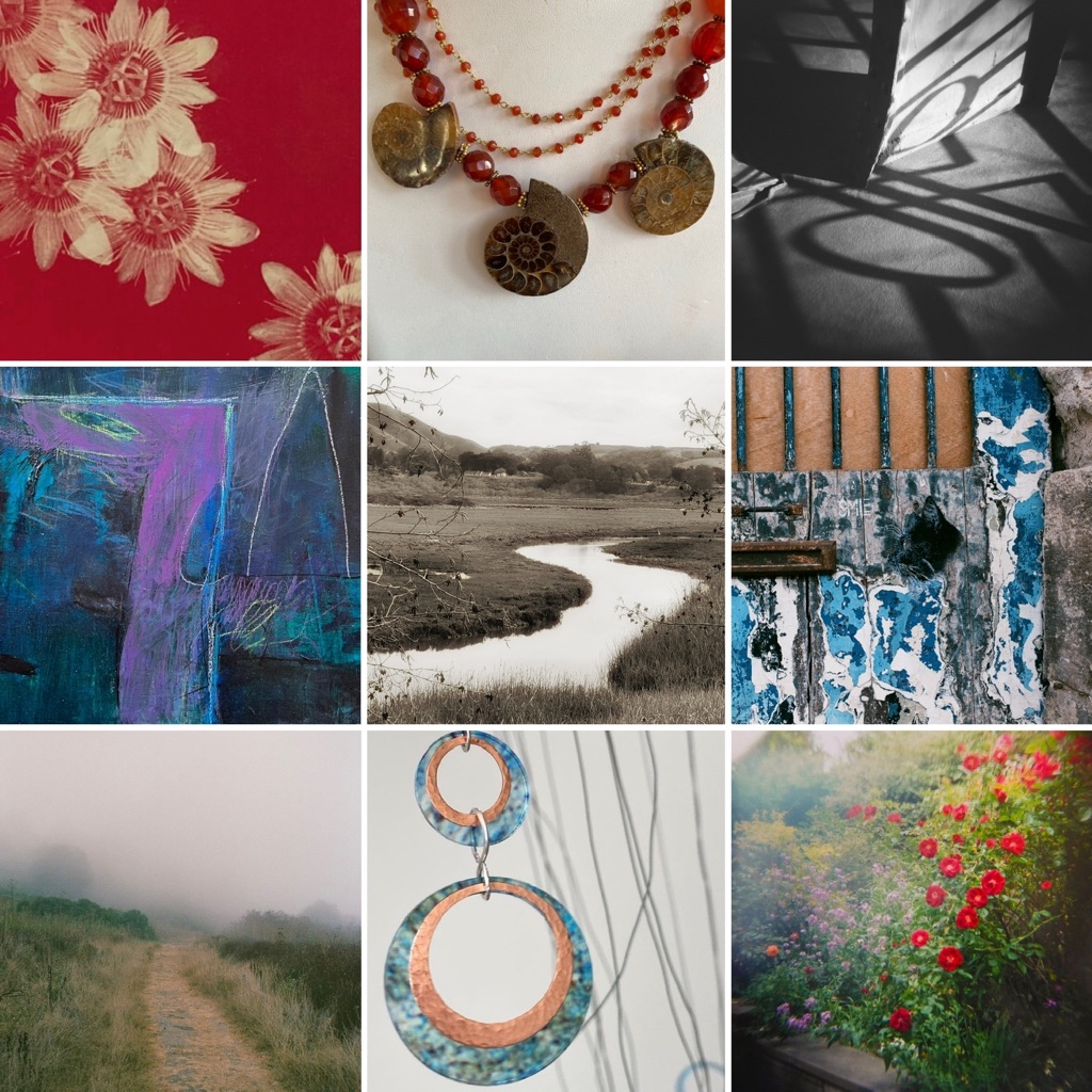 Nine panels, three by three of artists' work, from top left: white flowers on red background; red beaded necklace with three metal snails; black and white shadow photo with line and circles; (next row) purple and blue abstract; black and white photo of S curve of water cutting through muddy field; blue and white and brown abstract; (bottom row) photo of a foggy field; turquoise and salmon colored hoop earings; photo of little red flowers on a bush.