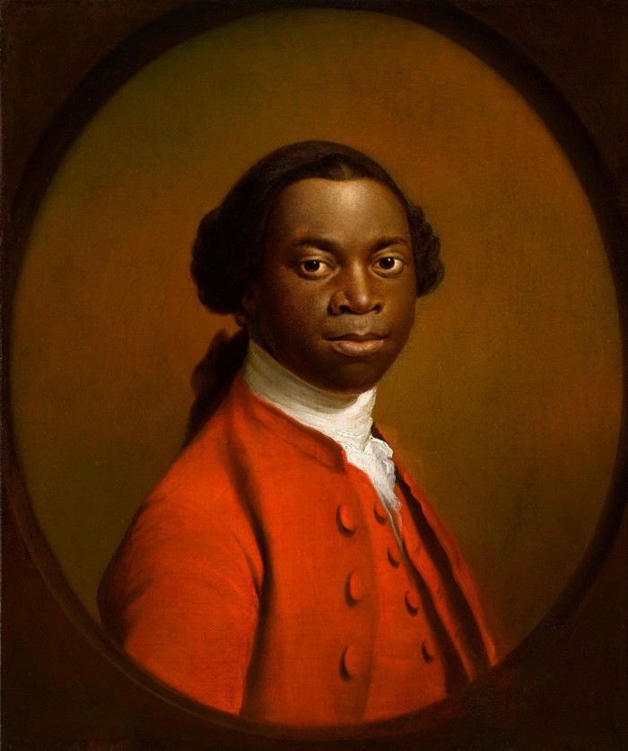Oil painting of a black man in a bright red jacket looking serious