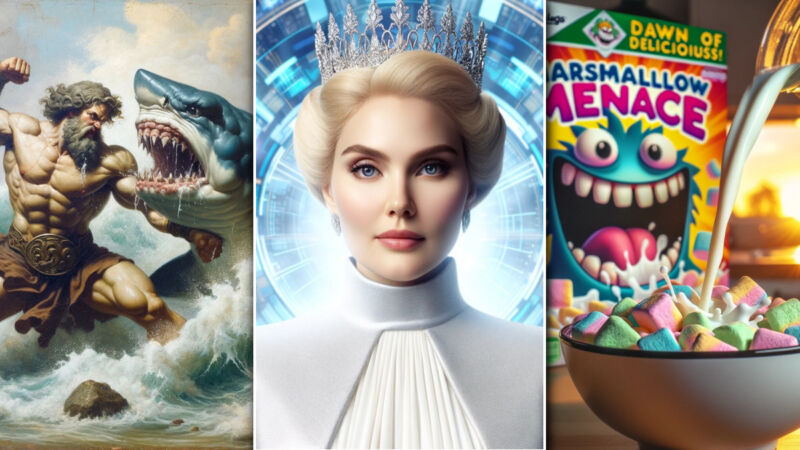 An composite of three DALL-E 3 AI art generations: an oil painting of Hercules fighting a shark, an photo of the queen of the universe, and a marketing photo of 