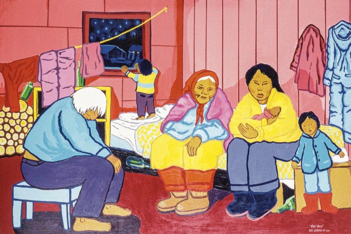 A bright painting of soft-edged people, including a mother with babe in arms, two small children and two grandparents, in a pink lounge room