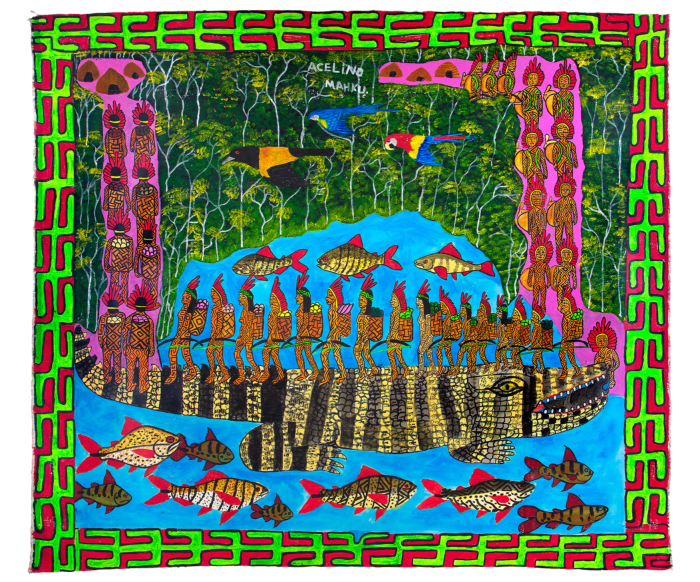 A colourful picture with people standing on an alligator