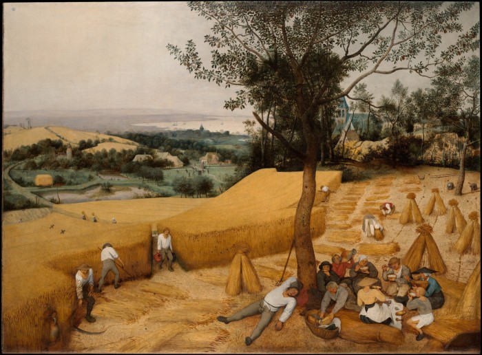 Painting of workers cutting and collecting wheat, some are sitting on the ground eating under a tree