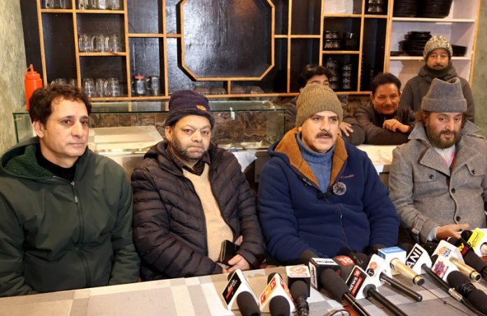 Veteran artists from Kashmir during a press conference in Srinagar on Saturday. - Excelsior/Shakeel