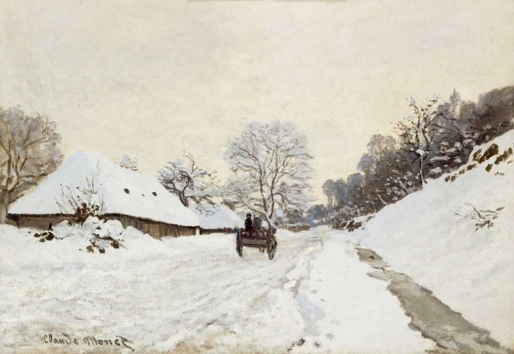 Claude Monet, A Cart on the Snowy Road at Honfleur (1865).