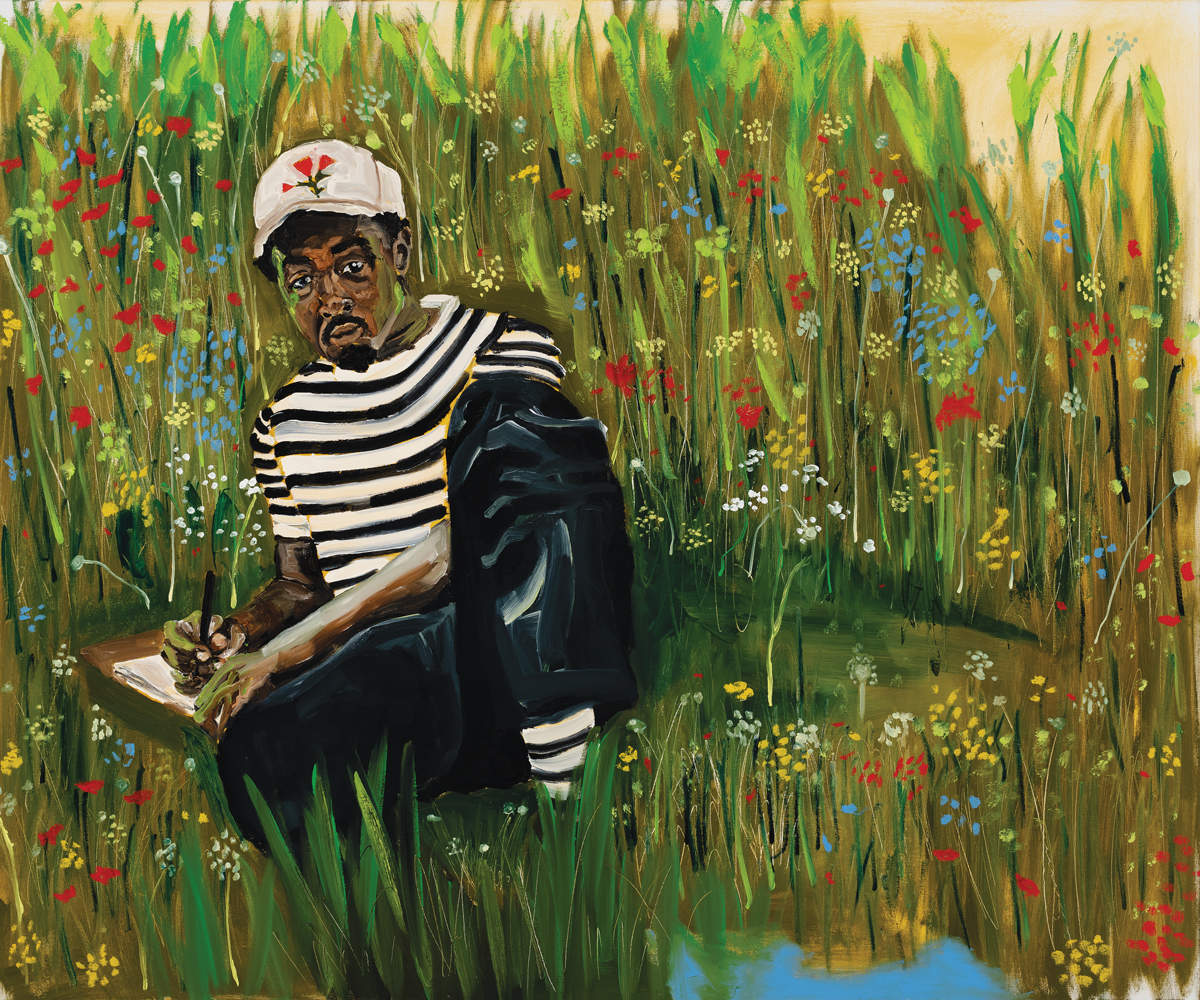 Jerrell Gibbs, For Thomas, 2021. A painting showing a young Black man reading in a lush field of flowers