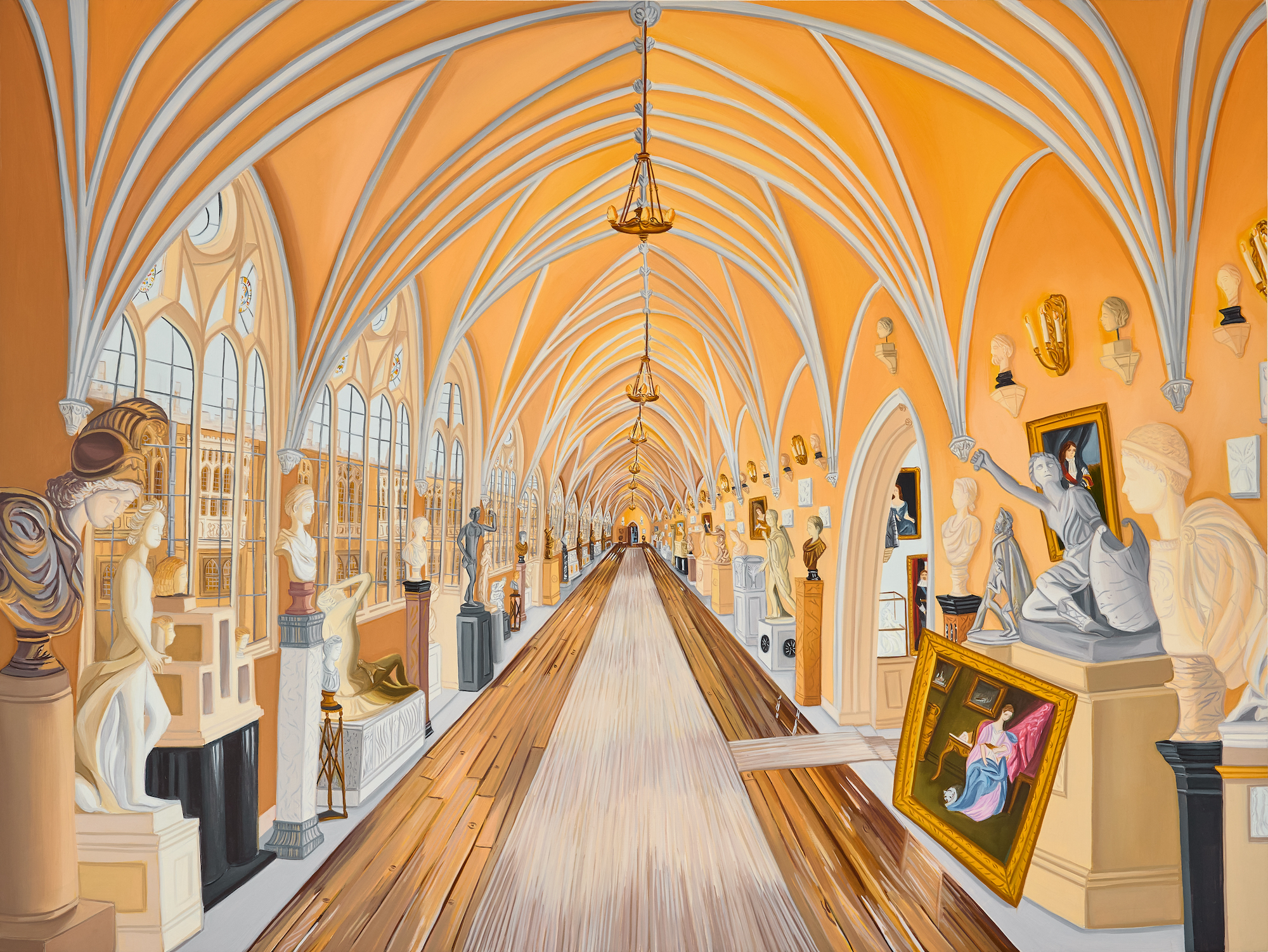 A colorful painting of a historic interior with dozens of paintings.