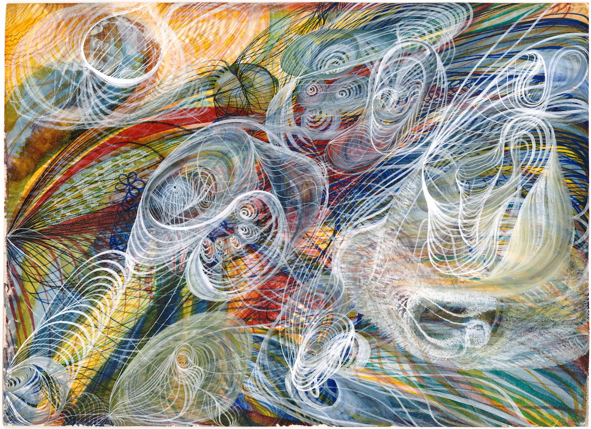 A painting composed of multicolored swirls of color and white.