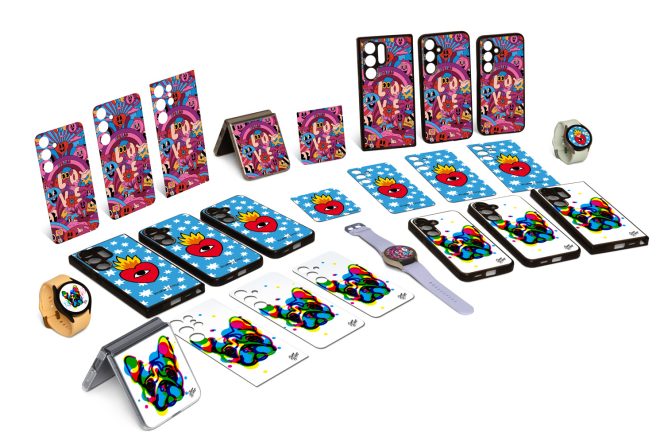 Array of accessories for Samsung Galaxy S24 and Galaxy Watch6 designed by European artists