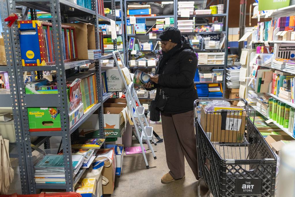 Tiajuana Bowen shops at the Creative Chicago Reuse Exchange warehouse in Chicago on Jan. 20, 2024.