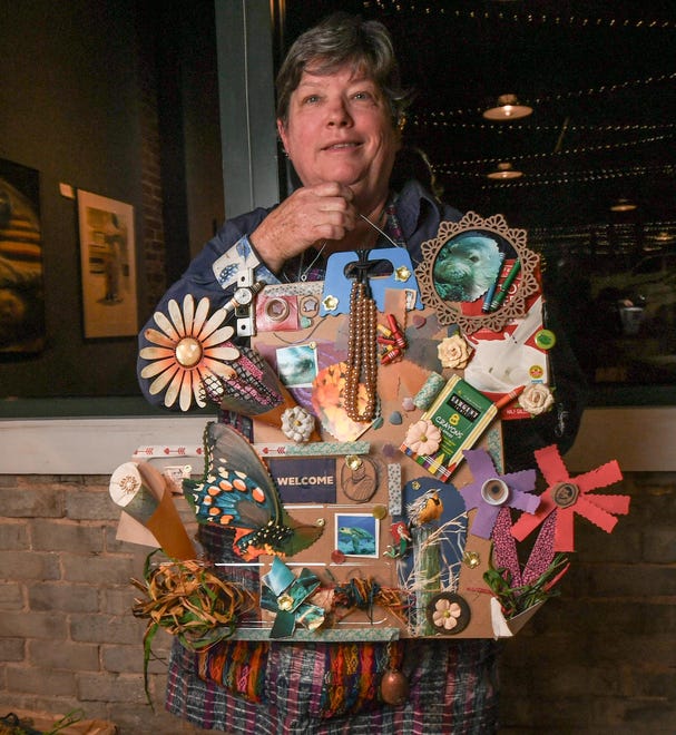 Patti Benjamin finished mixed-media art during the 2024 Art Slam! competition at Anderson Arts Center Friday, February 9, 2024.