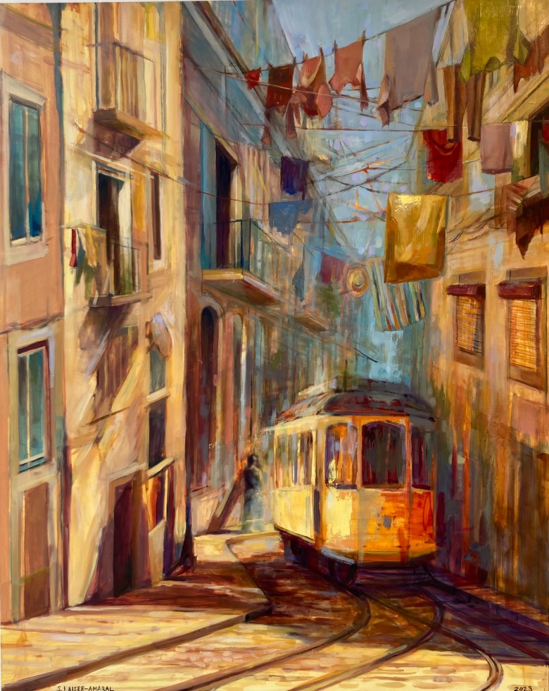 painting of narrow street with clotheslines, electric train car