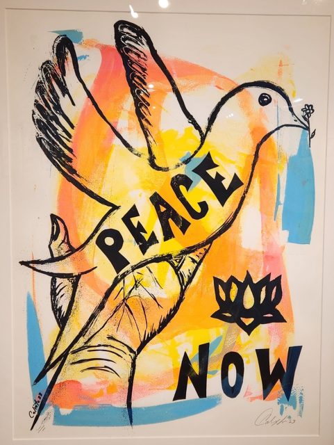 Prints of a dove with the words peace now.