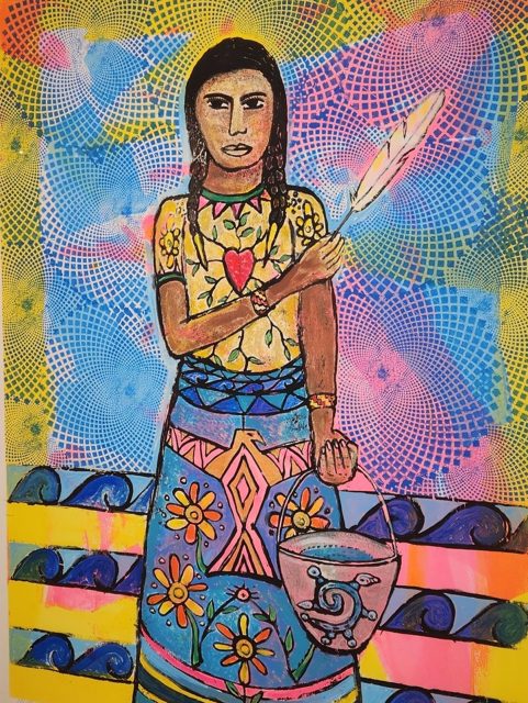 A painting of a native woman holding a fire, available in prints.