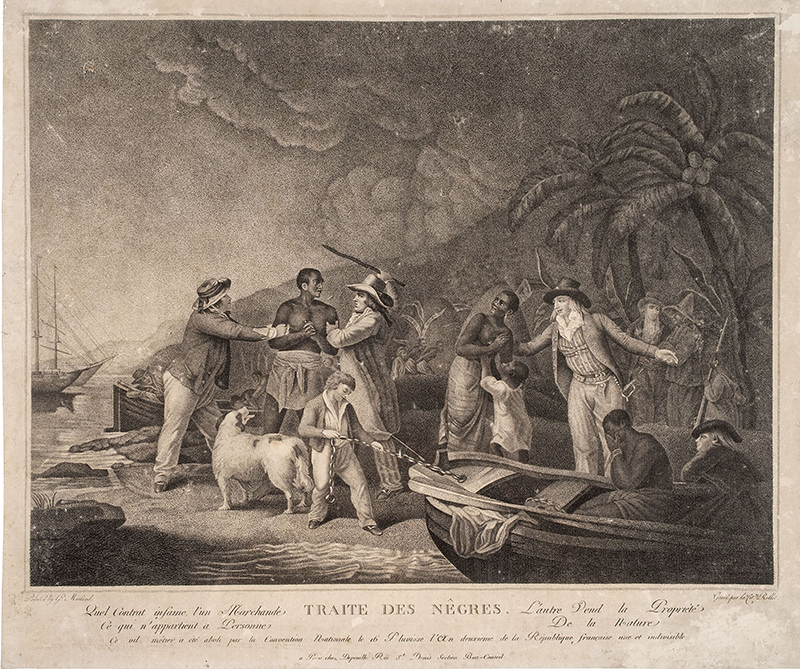 an engraving depicing various people, a boat, a dog, and a cloudy sky