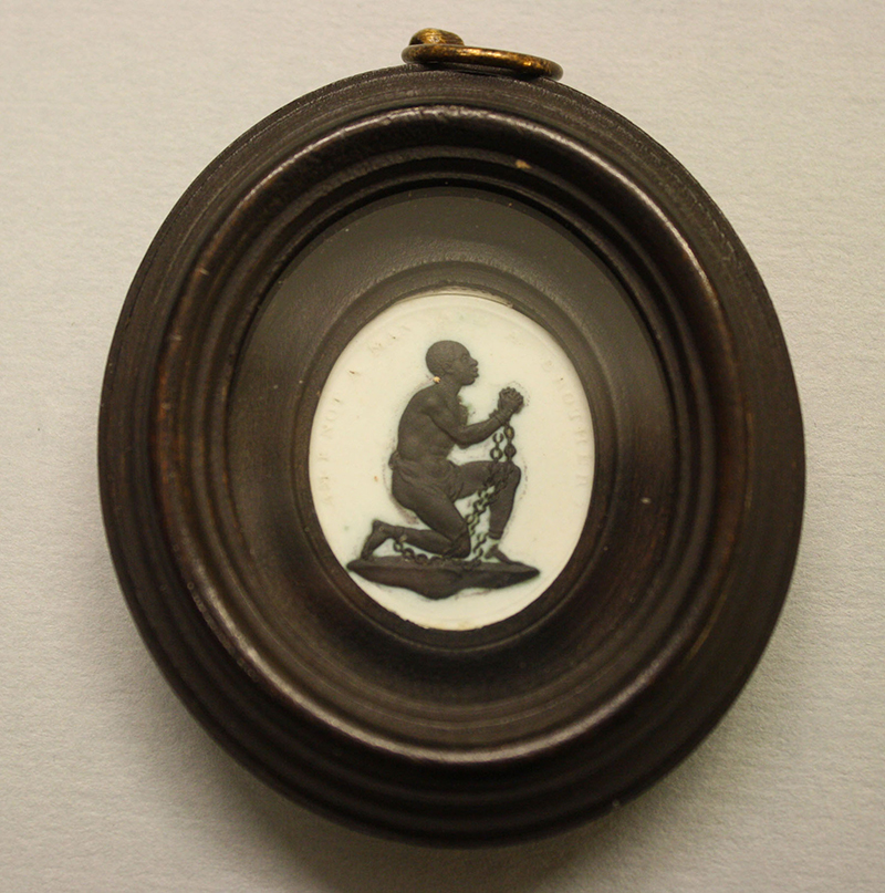 an oval miniature depicting a kneeling man in shackles
