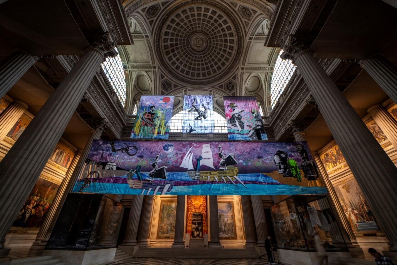 Scene from Raphaël Barontini's exhibition "We could be Heroes" about the abolition of slavery, at the Pantheon in Paris, 19 October 2023 until 11 February 2024.