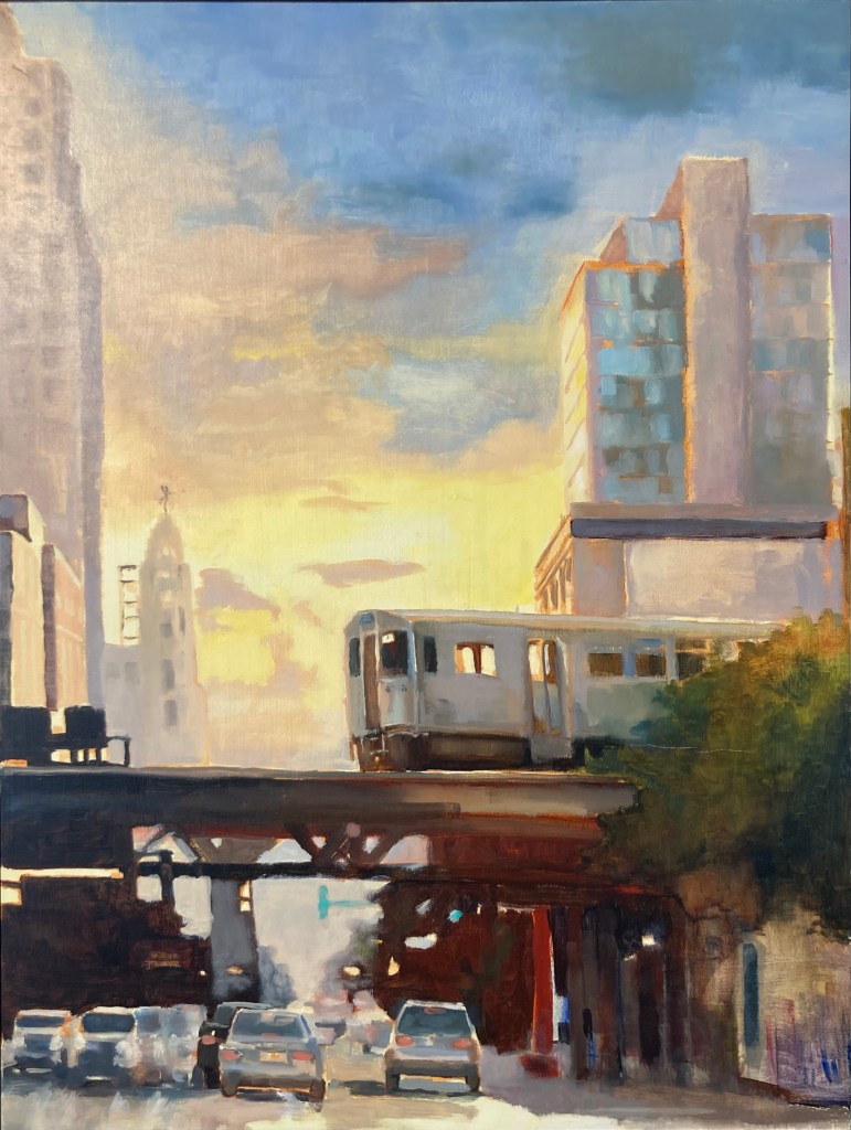 painting of Chicago - sunset & El train going by