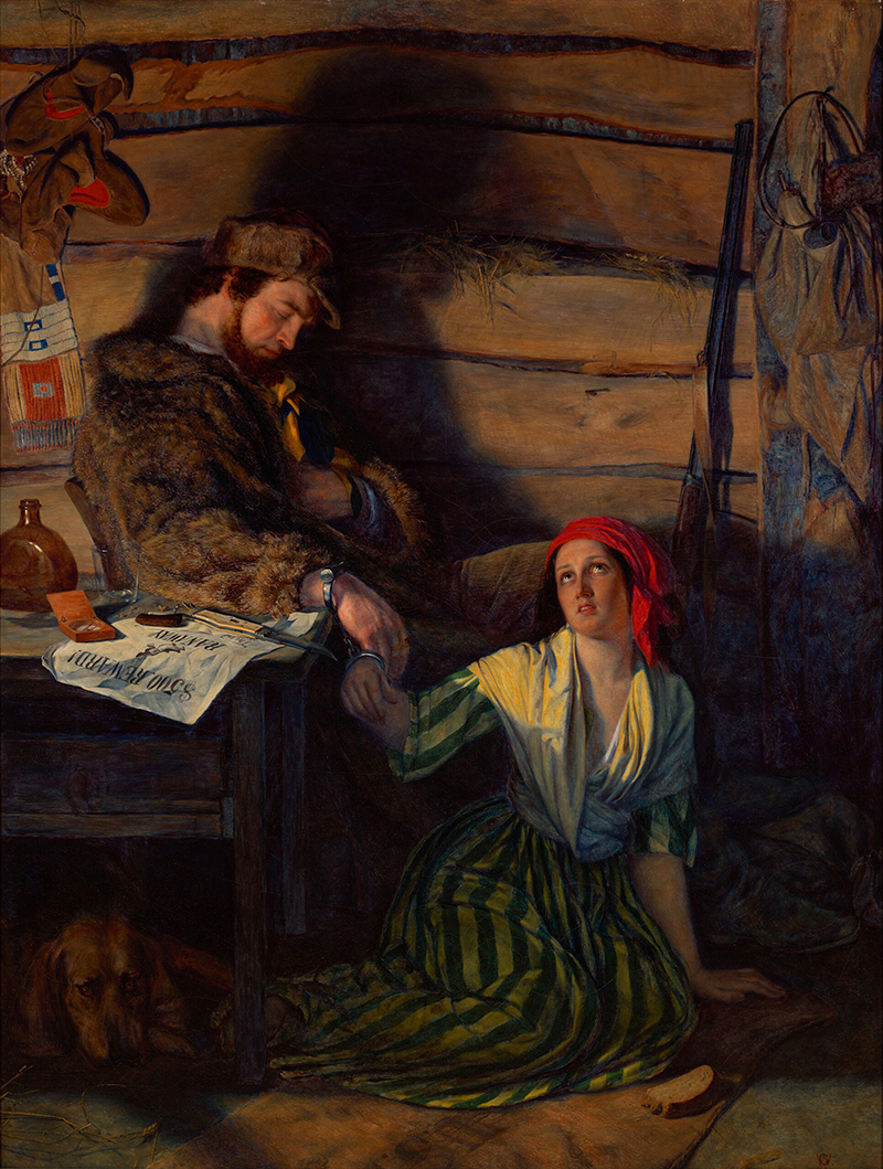 a colorful painting depecting two people: a seated man in a cap and a woman with a red bandana, sitting on the floor inside a wood paneled room.